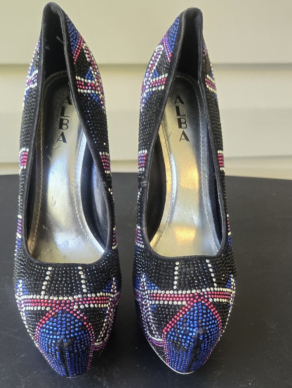 Alba Black Jeweled Pointed-Toe Pumps with Blue and Pink Accents